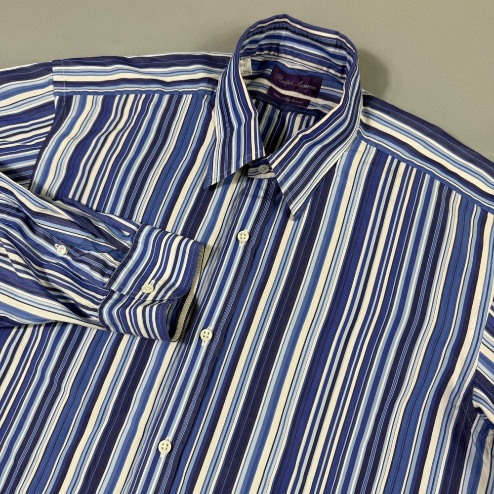 Ralph Lauren Purple Label Shirt Mens 17 Blue Striped 120s 2-Ply Cotton Italy